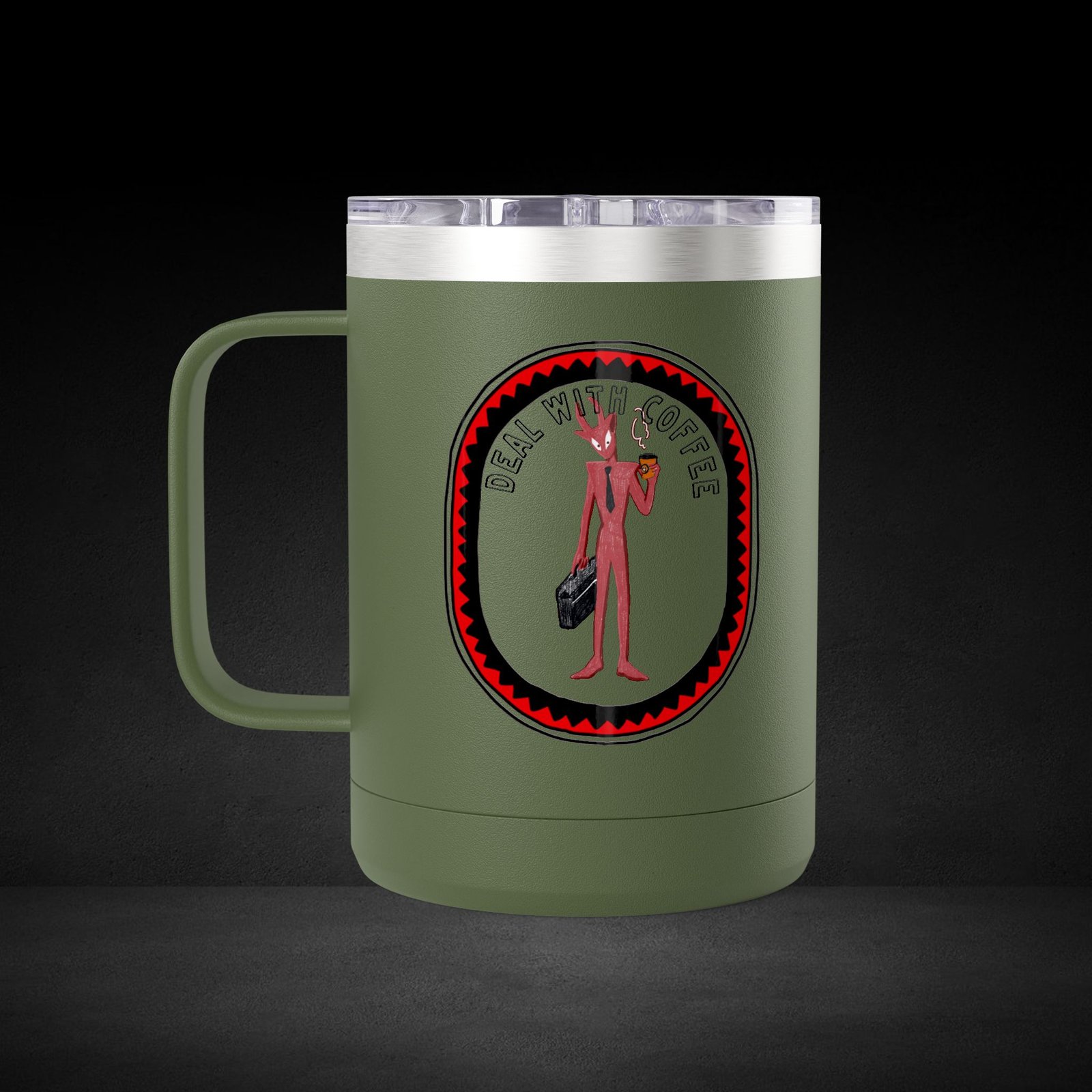 Deal With Coffee Devil Travel Mug - Business Professional Coffee Cup with Vintage Badge Design - Image 15