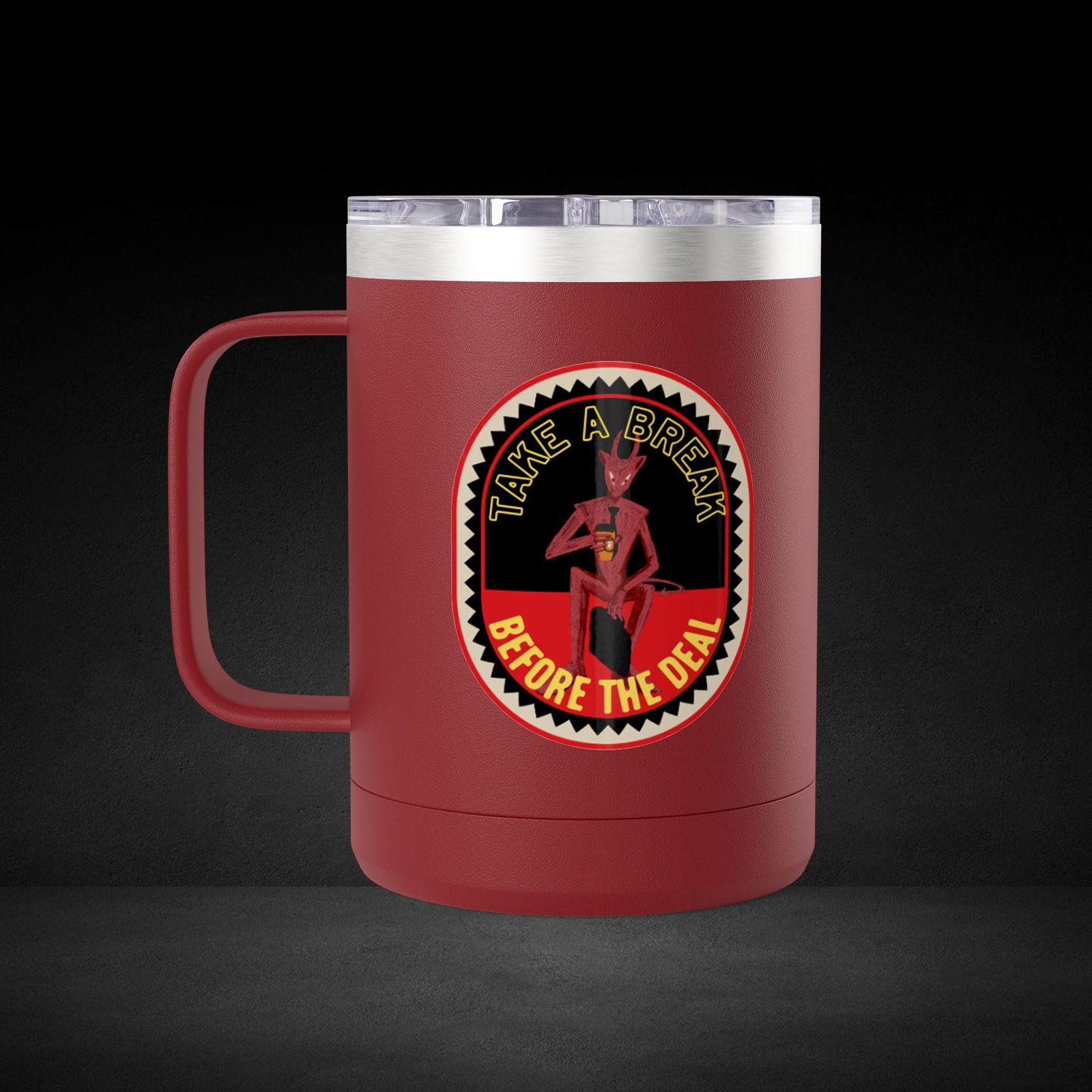 Take A Break Before The Deal Devil Travel Mug - Retro Badge Coffee Cup - Image 6