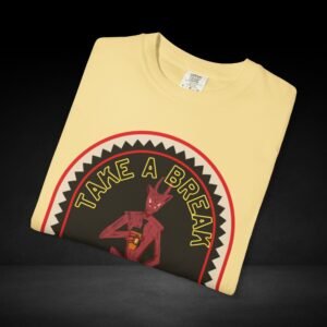 Take a Break Before the Deal Coffee Tee – Devil Holding Coffee Cup Graphic Shirt