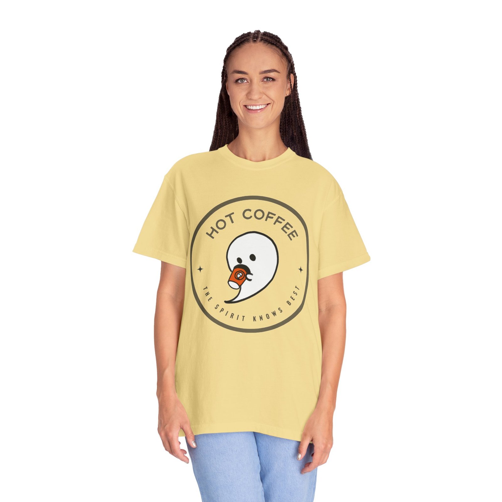 Hot Coffee Ghost Tee – “The Spirit Knows Best” Coffee Lover Graphic Shirt - Image 9