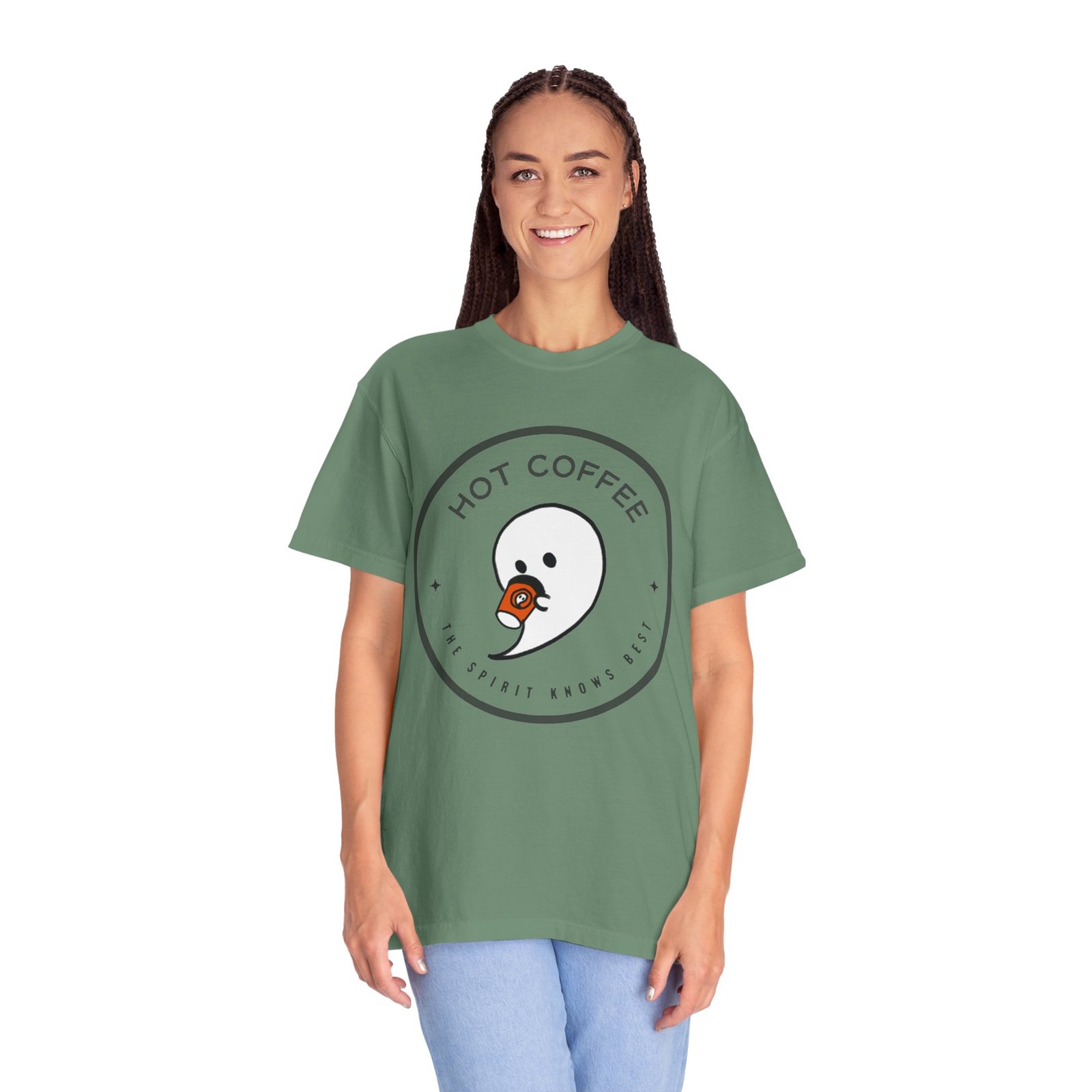 Hot Coffee Ghost Tee – “The Spirit Knows Best” Coffee Lover Graphic Shirt - Image 24