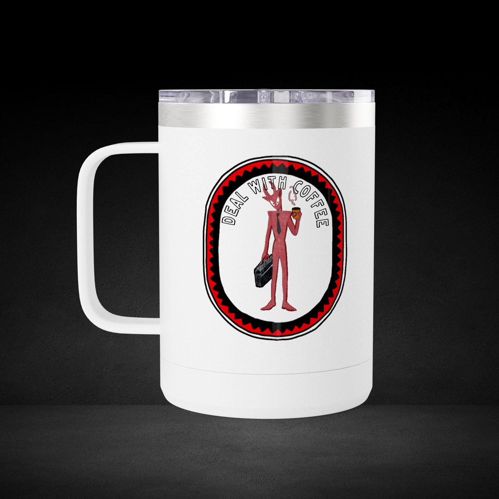 Deal With Coffee Devil Travel Mug - Business Professional Coffee Cup with Vintage Badge Design - Image 6