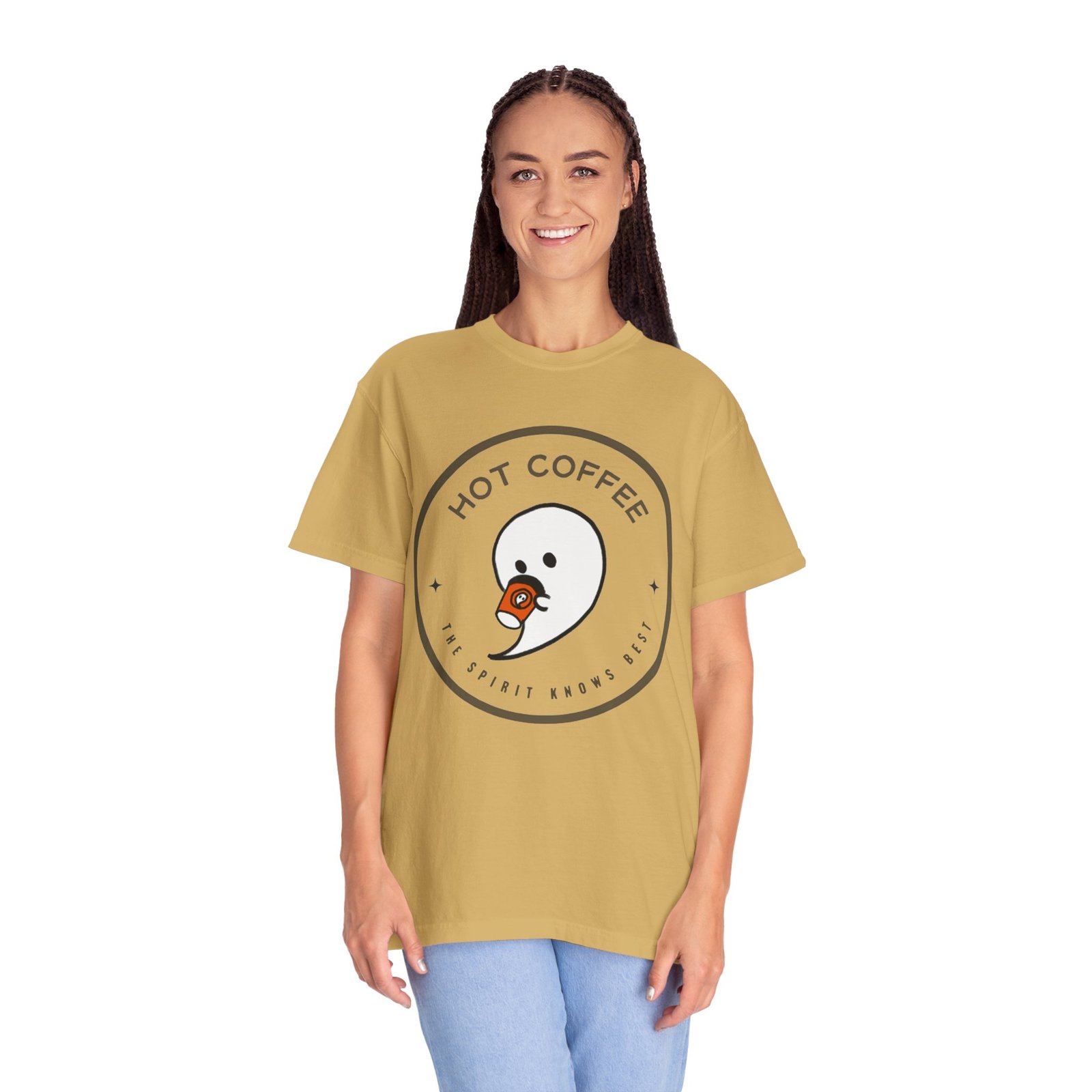 Hot Coffee Ghost Tee – “The Spirit Knows Best” Coffee Lover Graphic Shirt - Image 6