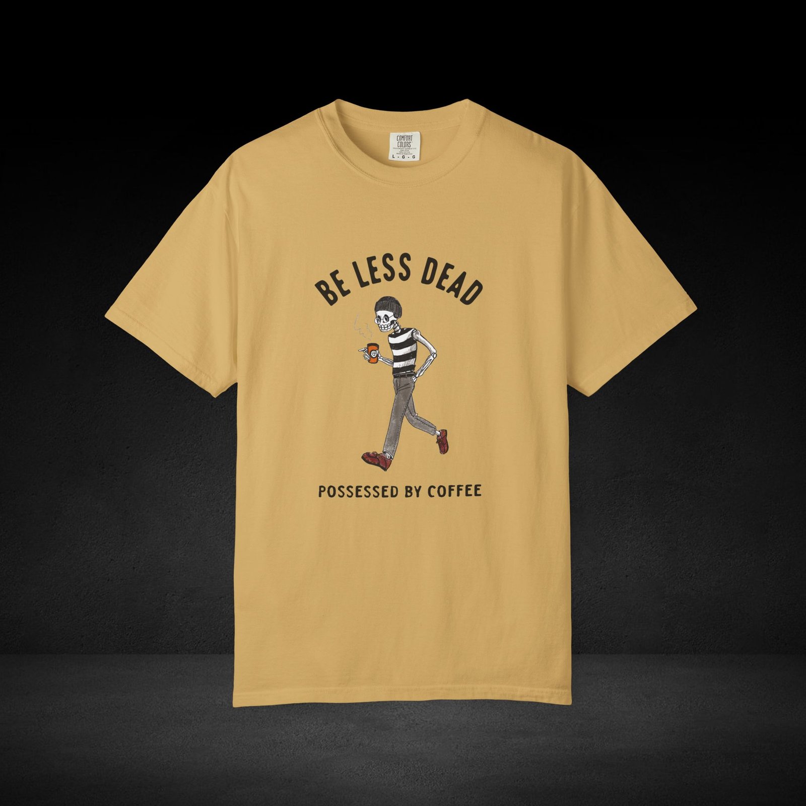 Skeleton Stroll Coffee Tee – Cool Walking Skeleton with Coffee Cup Graphic T-Shirt - Image 4