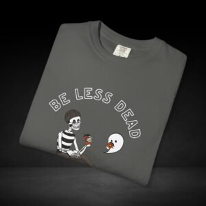 Be Less Dead Coffee Tee – Skeleton and Ghost Sharing a Brew Graphic T-Shirt