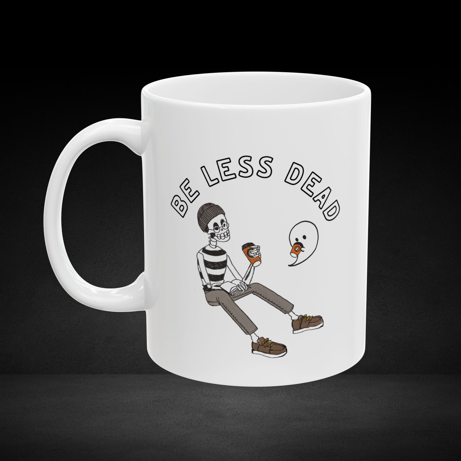 Be Less Dead – Skeleton and Ghost Coffee Crew Mug - Image 2
