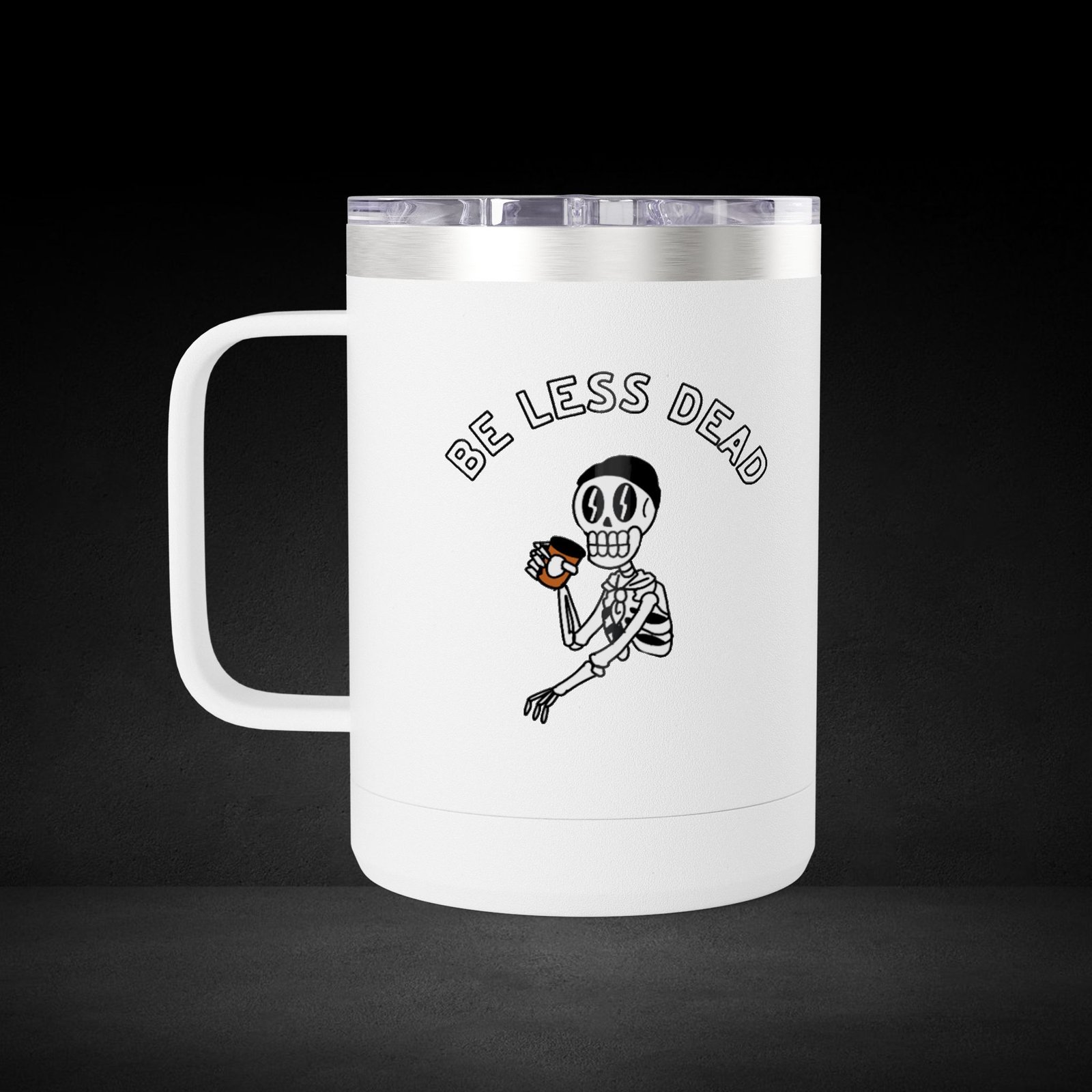 Be Less Dead Skeleton Travel Mug - Coffee Lover Cup with Coffee Bean Eyes Design - Image 6