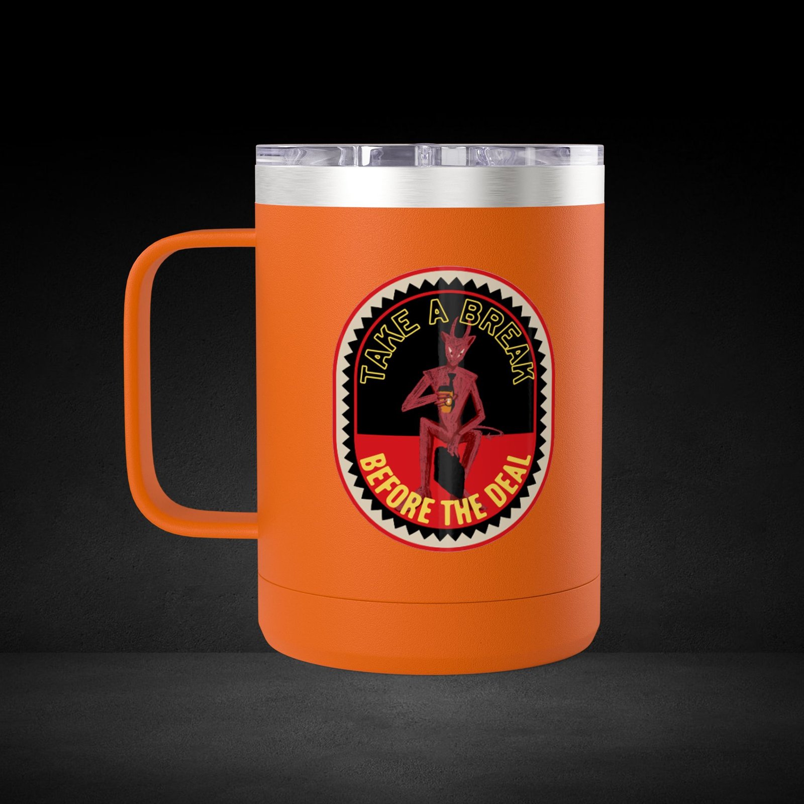 Take A Break Before The Deal Devil Travel Mug - Retro Badge Coffee Cup - Image 9