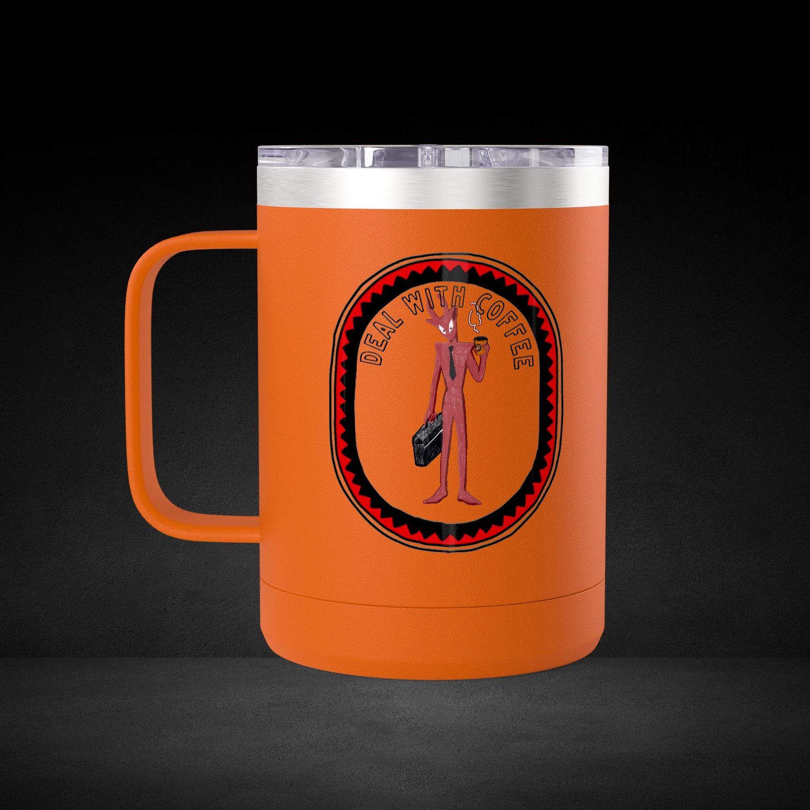 Deal With Coffee Devil Travel Mug - Business Professional Coffee Cup with Vintage Badge Design - Image 12