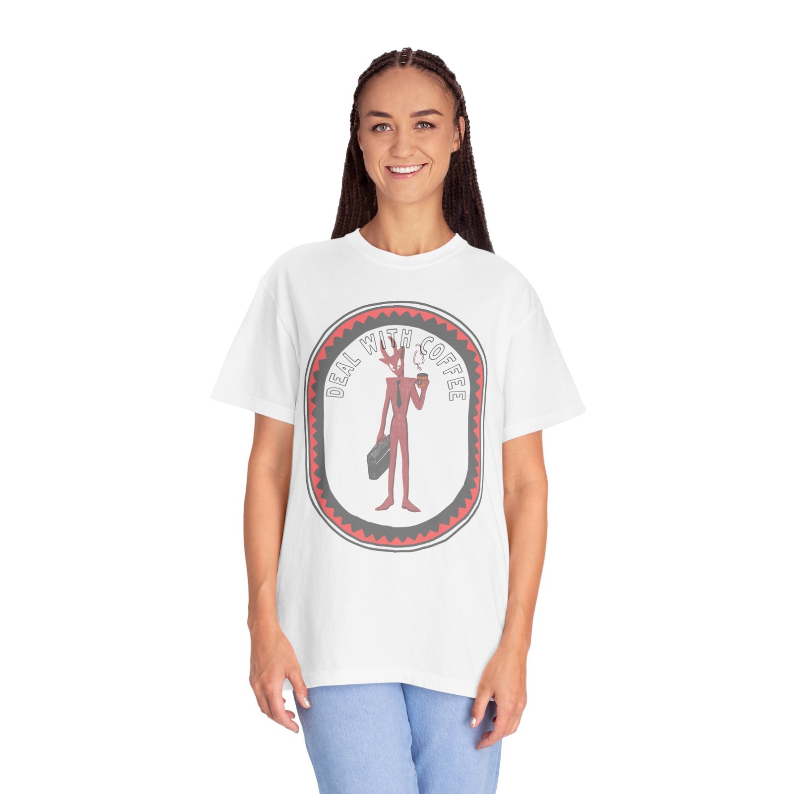 Devil’s Coffee Break Tee – Business Devil with Briefcase and Coffee Cup Graphic Shirt - Image 3