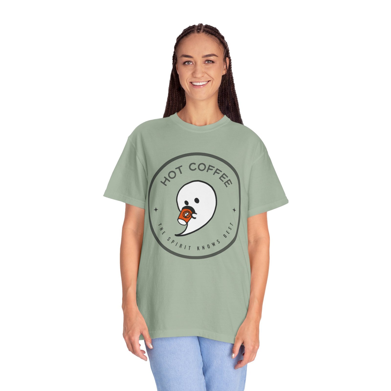 Hot Coffee Ghost Tee – “The Spirit Knows Best” Coffee Lover Graphic Shirt - Image 18