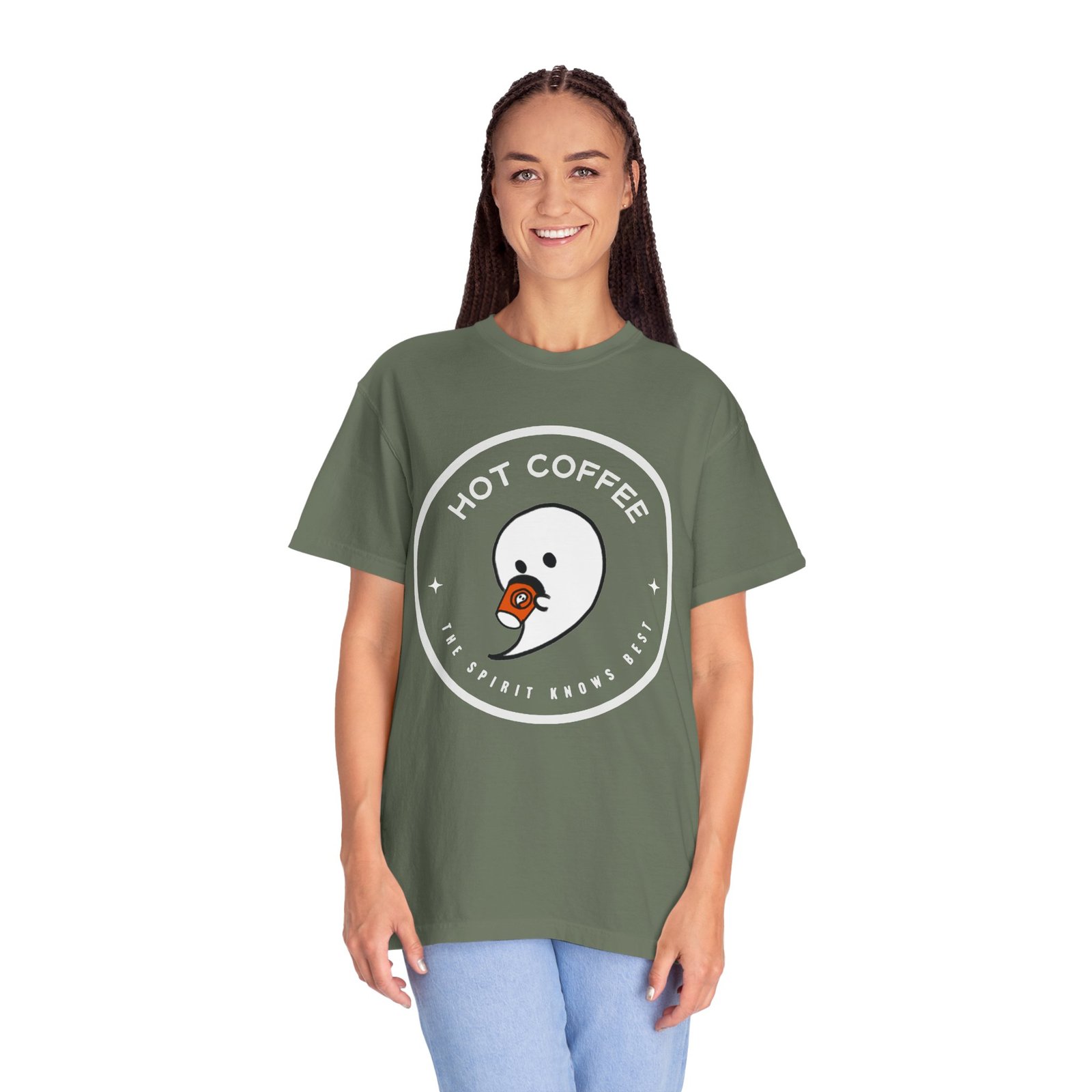 Hot Coffee Ghost Tee – “The Spirit Knows Best” Coffee Lover Graphic Shirt - Image 21