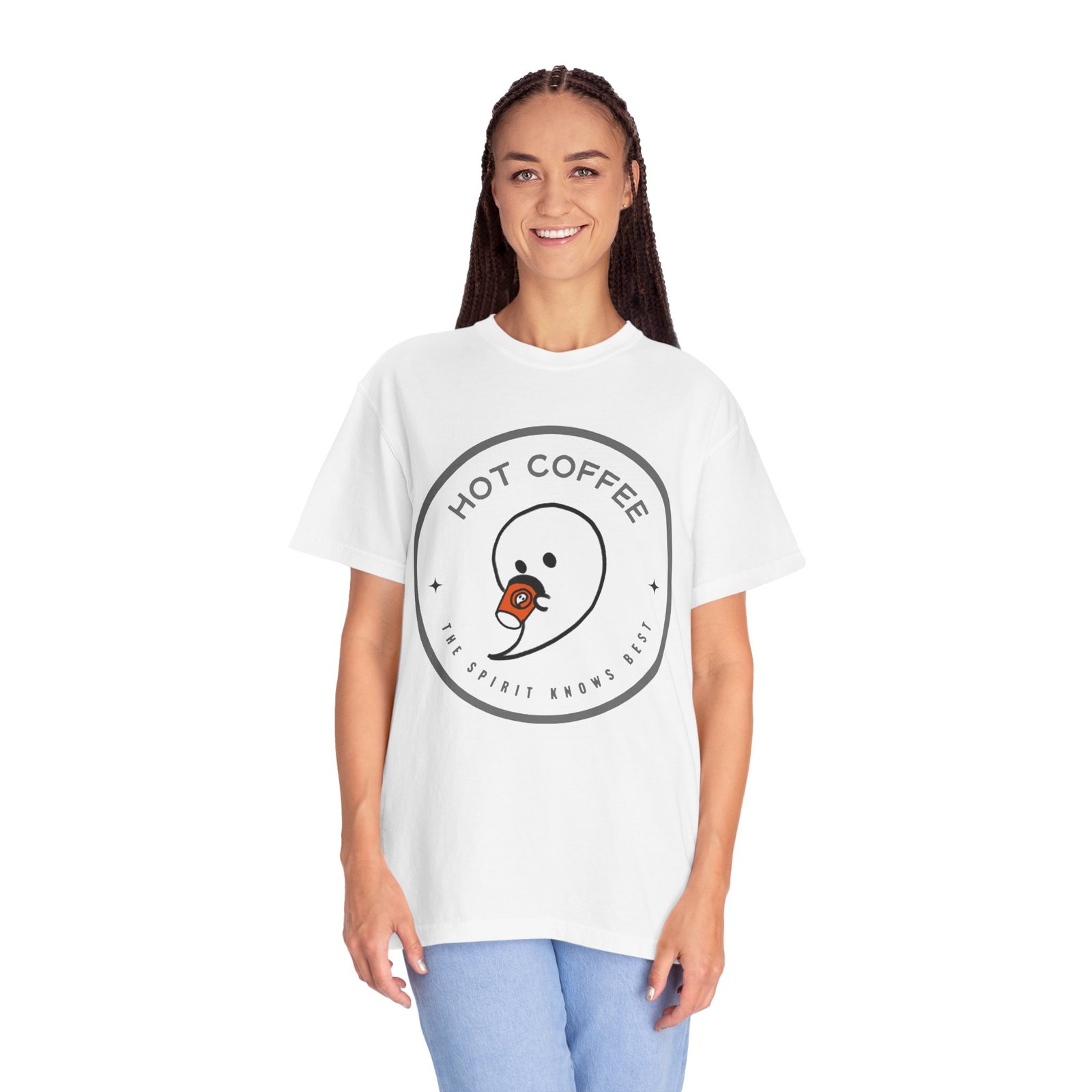 Hot Coffee Ghost Tee – “The Spirit Knows Best” Coffee Lover Graphic Shirt - Image 3