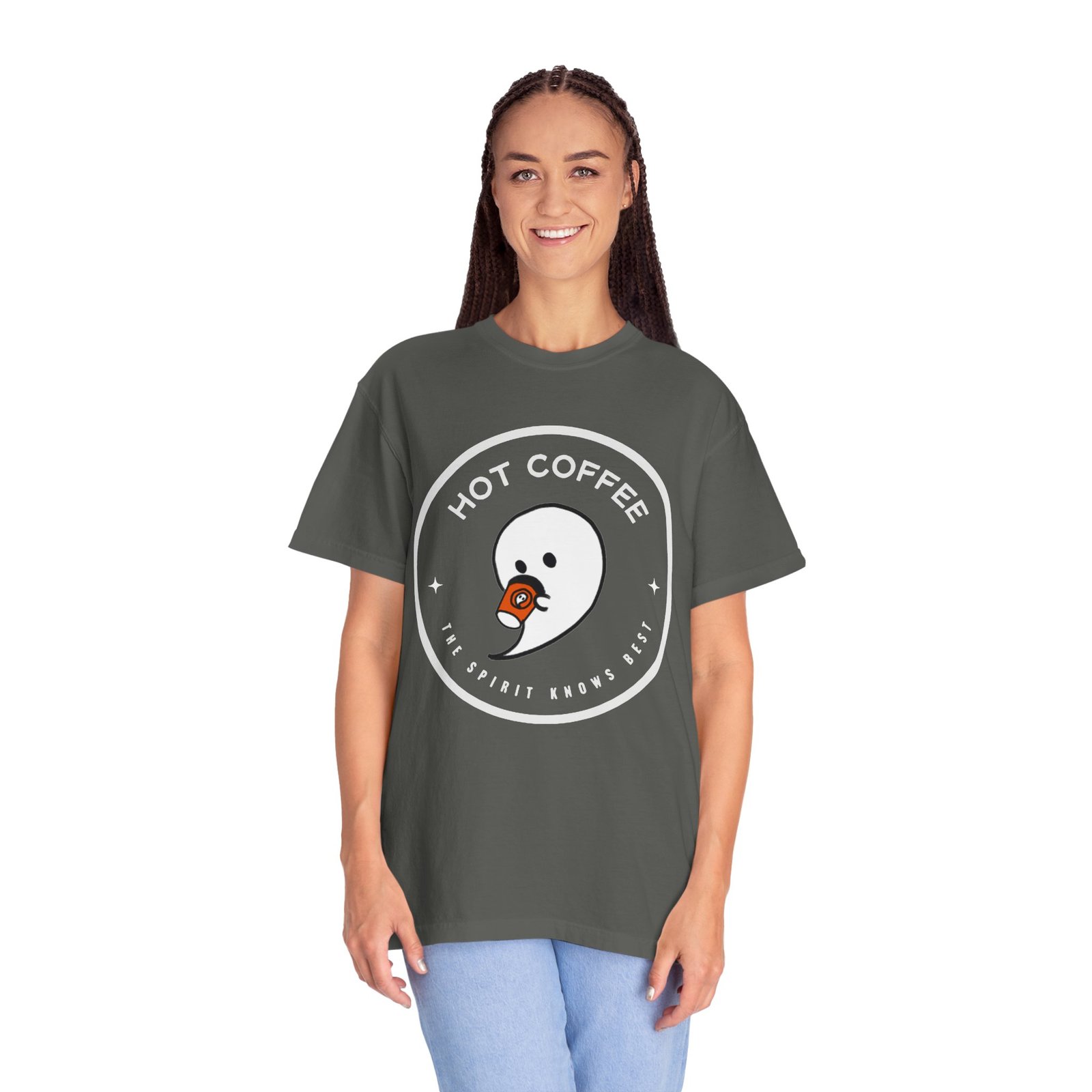 Hot Coffee Ghost Tee – “The Spirit Knows Best” Coffee Lover Graphic Shirt - Image 12