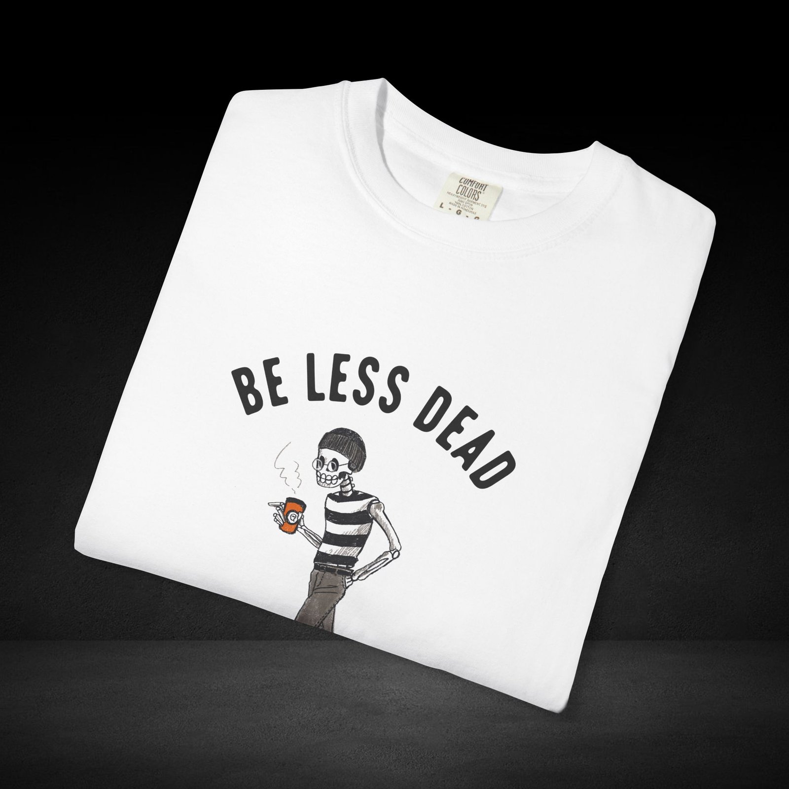 Skeleton Stroll Coffee Tee – Cool Walking Skeleton with Coffee Cup Graphic T-Shirt - Image 2