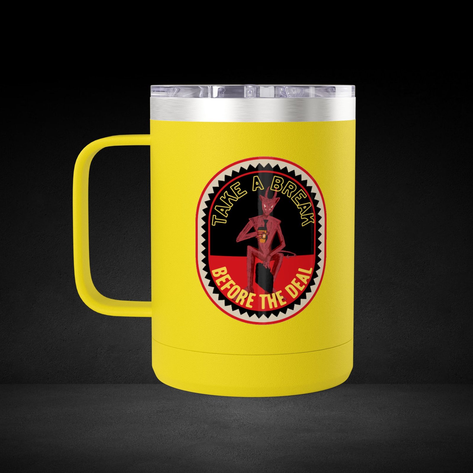 Take A Break Before The Deal Devil Travel Mug - Retro Badge Coffee Cup - Image 12