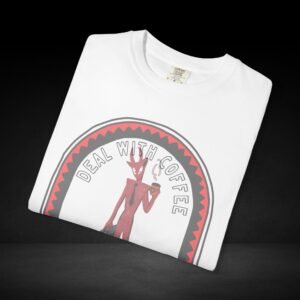 Devil’s Coffee Break Tee – Business Devil with Briefcase and Coffee Cup Graphic Shirt