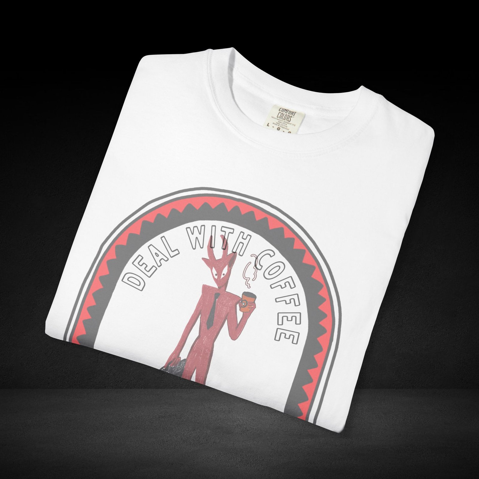 Devil’s Coffee Break Tee – Business Devil with Briefcase and Coffee Cup Graphic Shirt