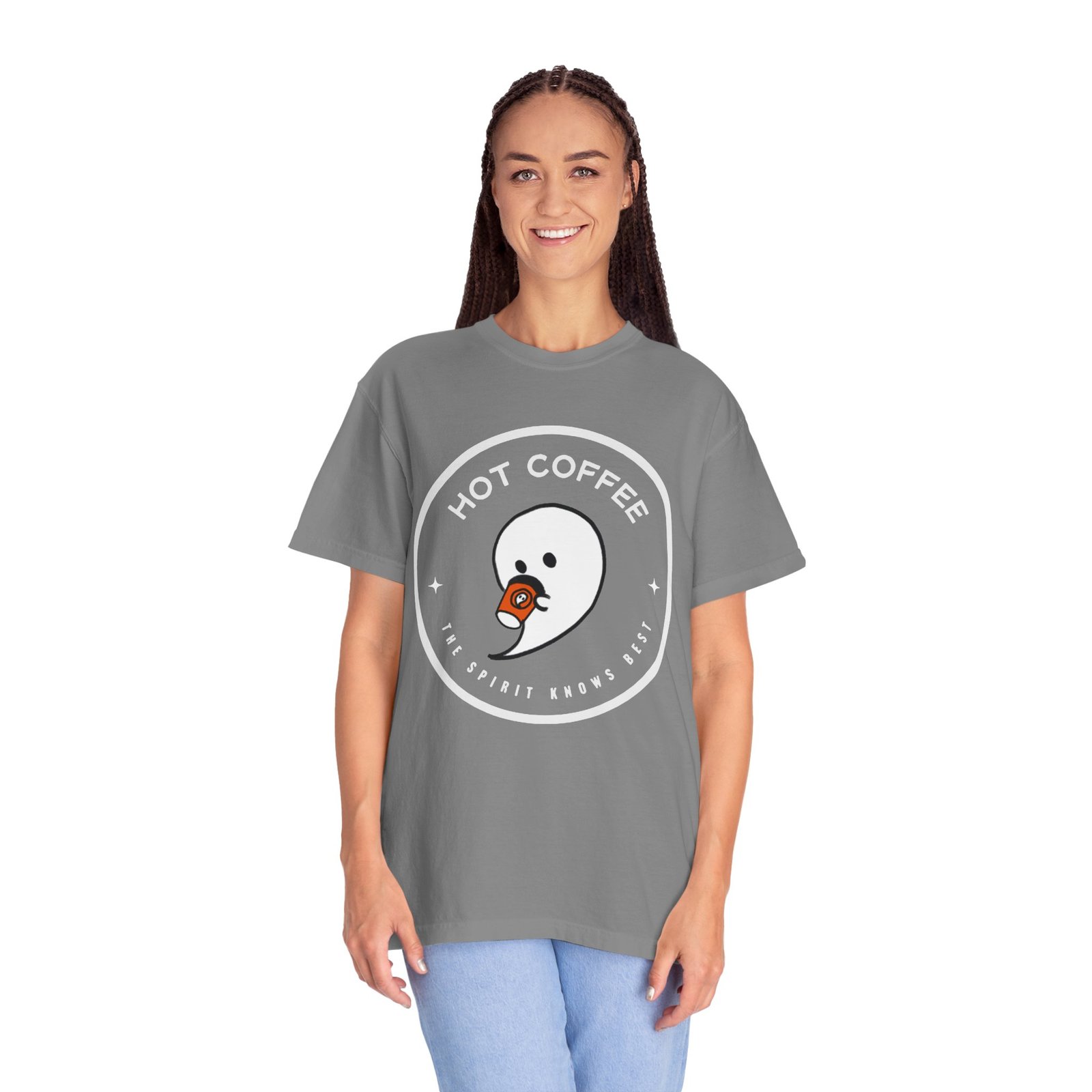 Hot Coffee Ghost Tee – “The Spirit Knows Best” Coffee Lover Graphic Shirt - Image 15