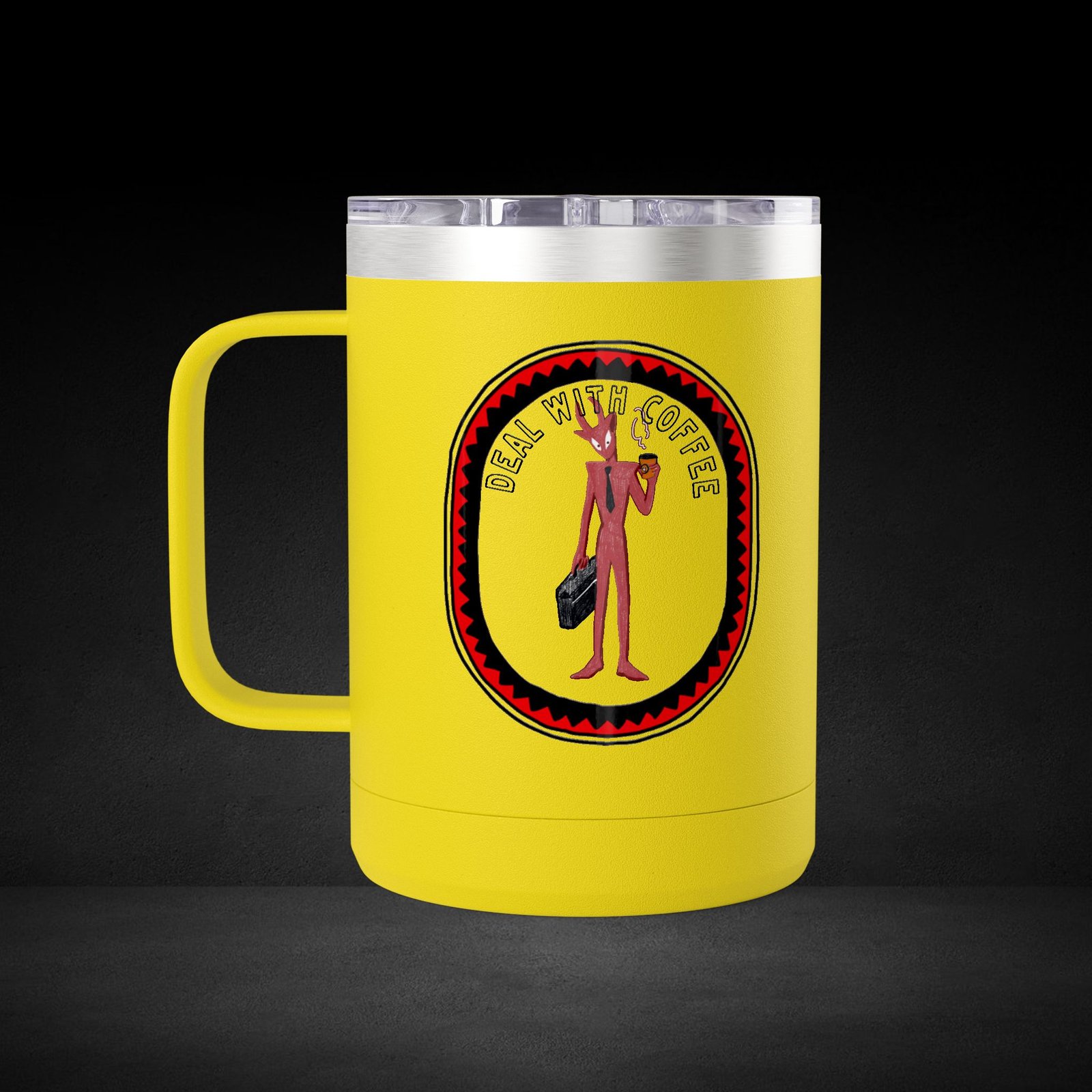 Deal With Coffee Devil Travel Mug - Business Professional Coffee Cup with Vintage Badge Design
