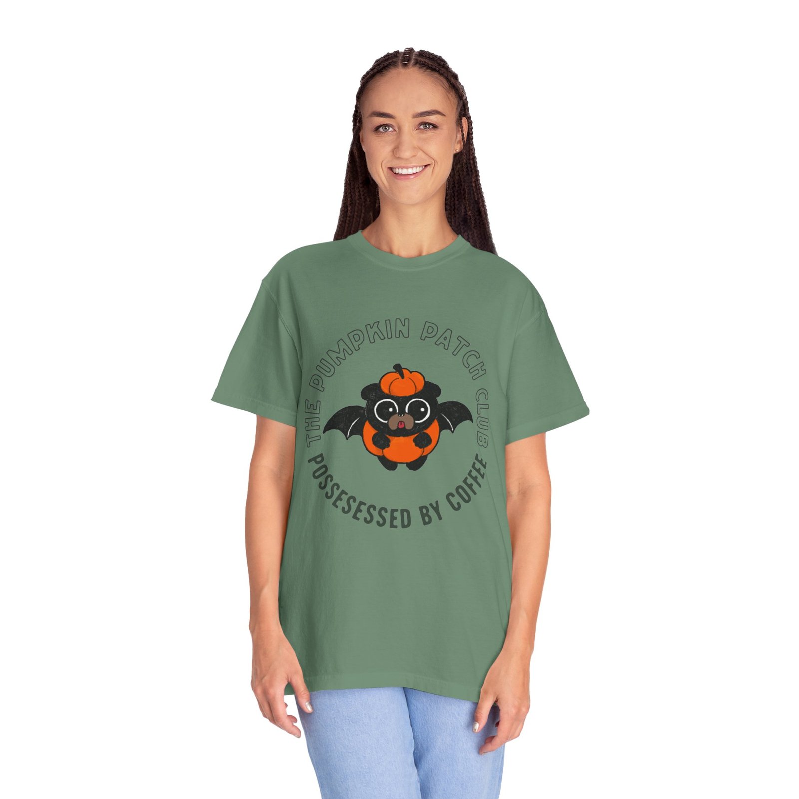 Pumpkin Knows Tee – Cute Bat Pug Pumpkin Halloween Coffee Shirt - Image 24