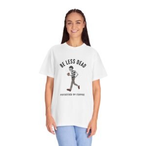 Skeleton Stroll Coffee Tee – Cool Walking Skeleton with Coffee Cup Graphic T-Shirt
