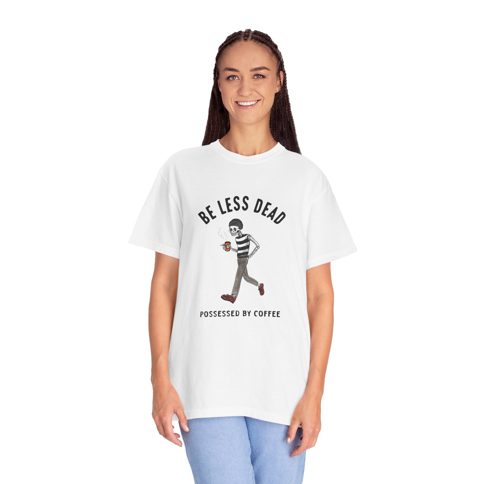 Skeleton Stroll Coffee Tee – Cool Walking Skeleton with Coffee Cup Graphic T-Shirt