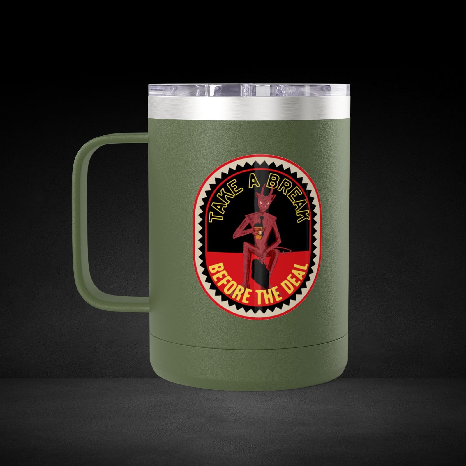 Take A Break Before The Deal Devil Travel Mug - Retro Badge Coffee Cup - Image 15