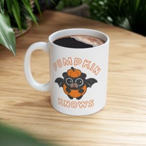 Pumpkin Knows – Bat Pup Halloween Coffee Mug