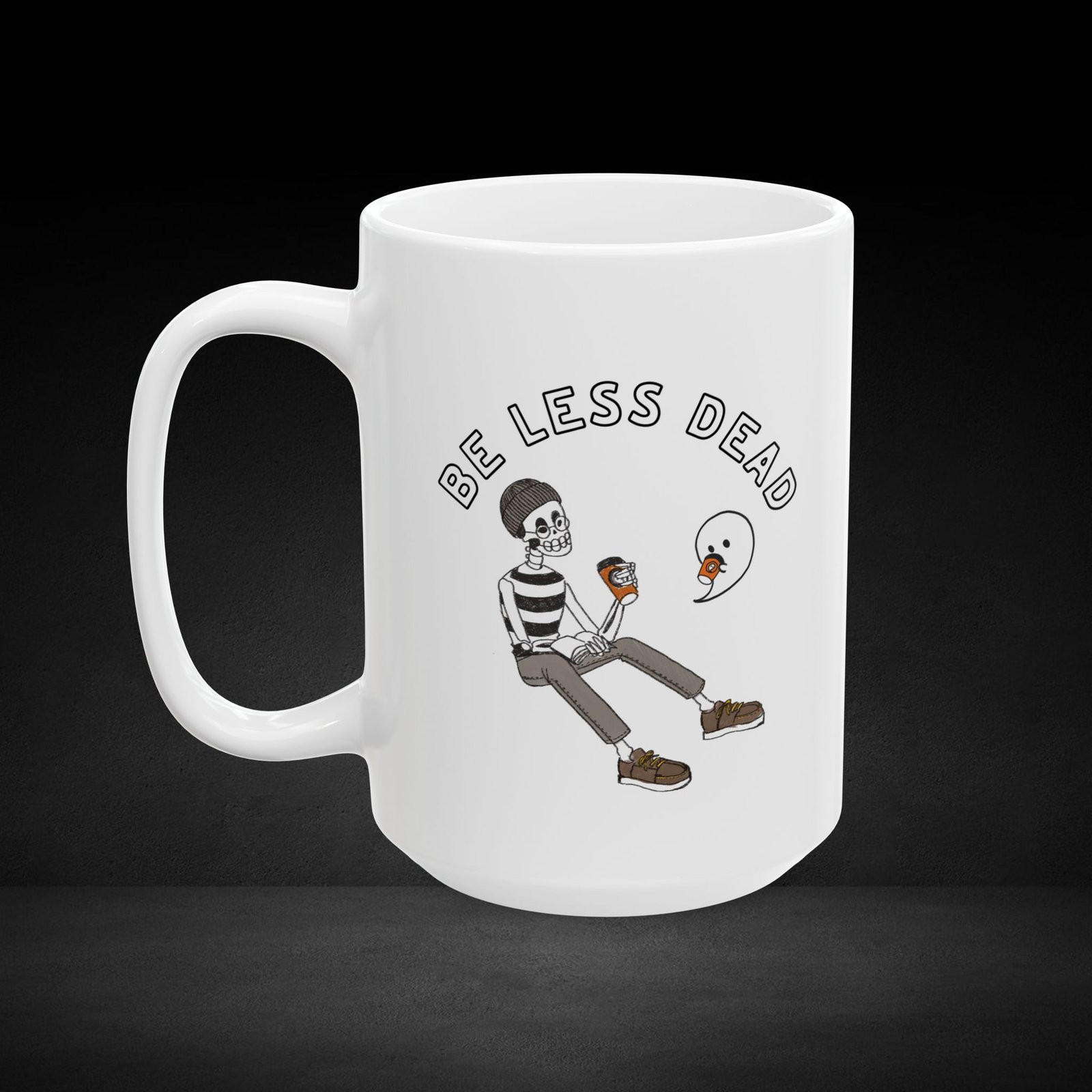 Be Less Dead – Skeleton and Ghost Coffee Crew Mug