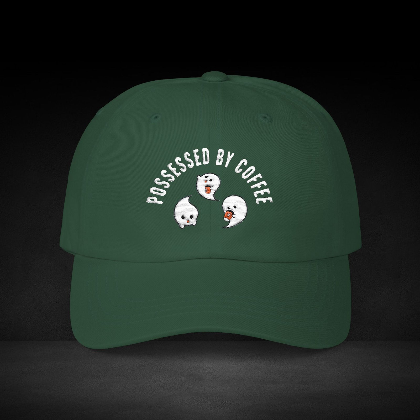 Possessed by Coffee Ghost Trio Cap – Cute Spooky Coffee Lover Baseball Hat