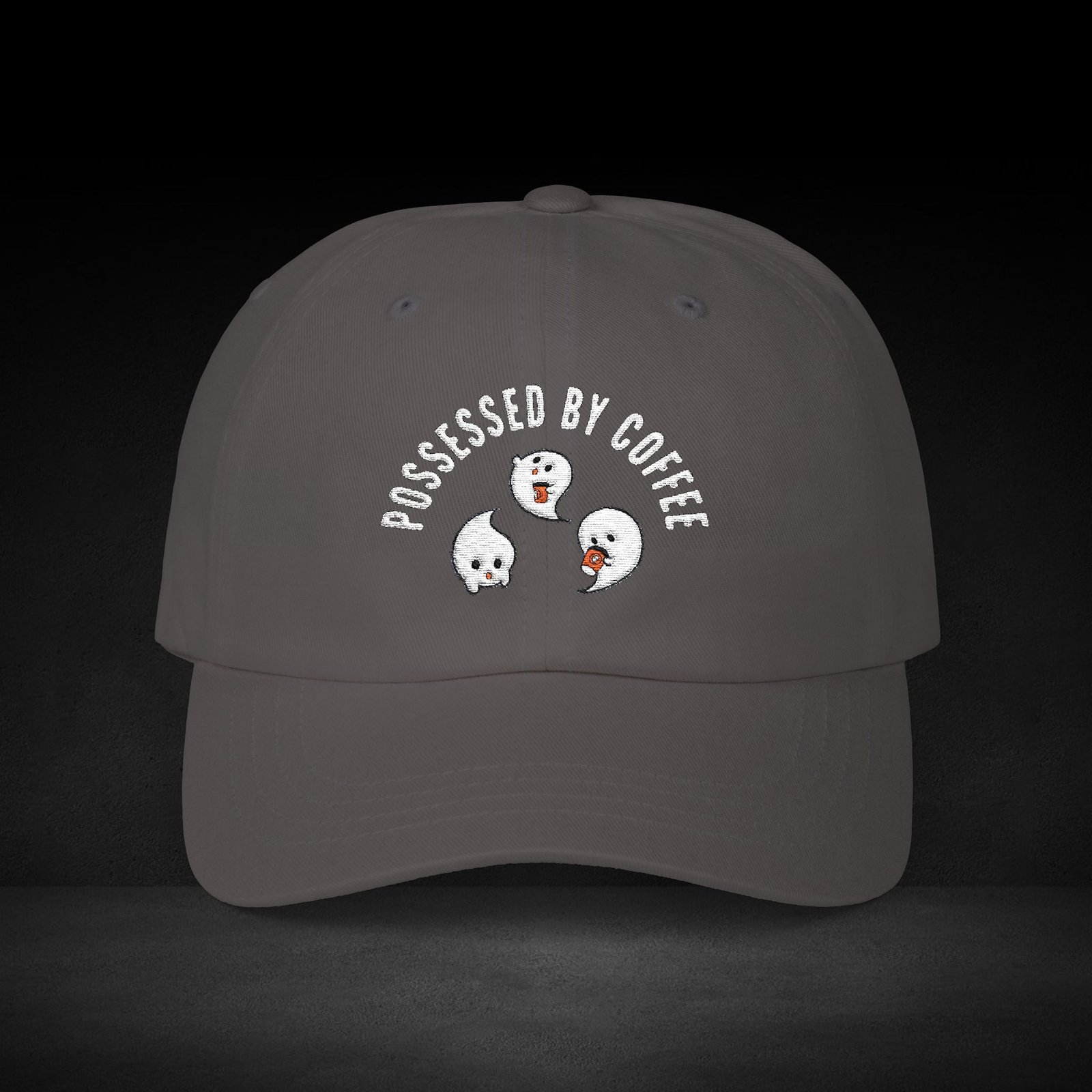 Possessed by Coffee Ghost Trio Cap – Cute Spooky Coffee Lover Baseball Hat - Image 10